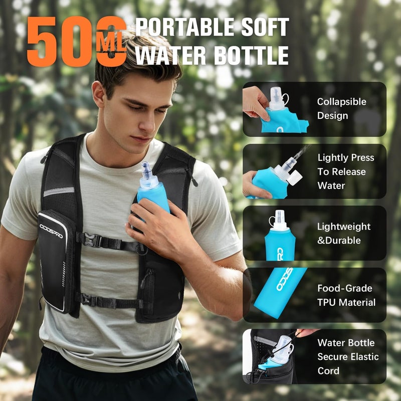 ODDSPRO Running Vest for Women Men, Phone Pocket Running Hydration Vest with 500ML Soft Flask, Adjustable Chest Waist Straps, 10 Pockets Reflective Breathable Hydration Vest for Hiking, Biking, Marathon - Image 4